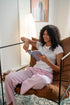 Women summer pajama set Off White T-shirt + Pink X White Stripes  Pants